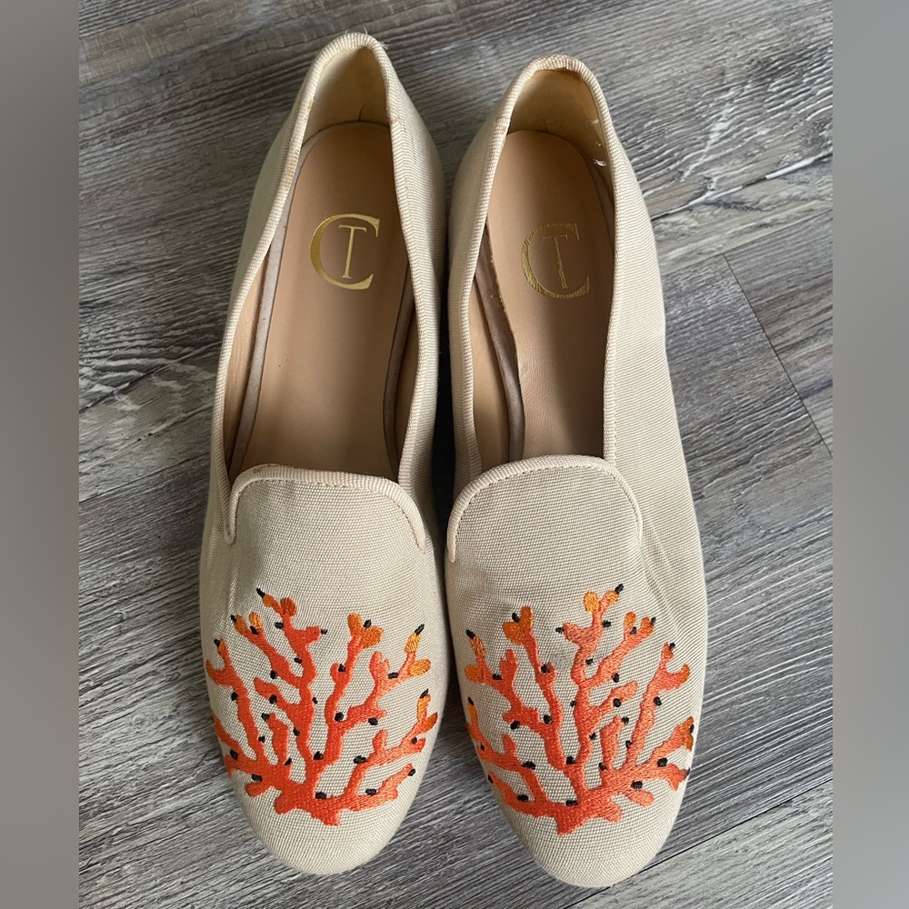 Cream and Orange Espadrille Flats with Embroidery